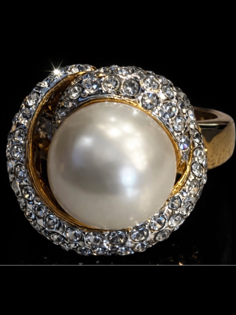 Pearl crystal swirl pave set cocktail ring ladies, jewelry statement piece gold